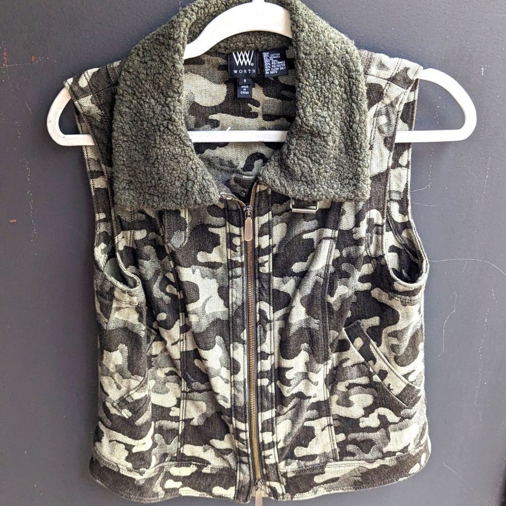 Worth Fleece Collar Denim Zip Vest Camo